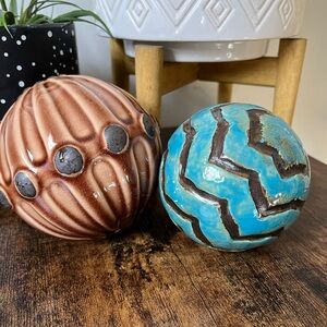 Glazed Ceramic Ball Set Decorative Home Decor Boho Ethnic Urban Teal Blue